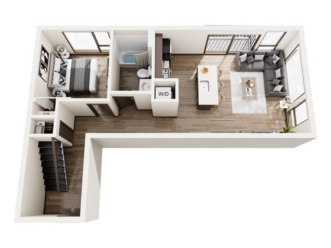 a stylized floor plan with a bedroom and a living room